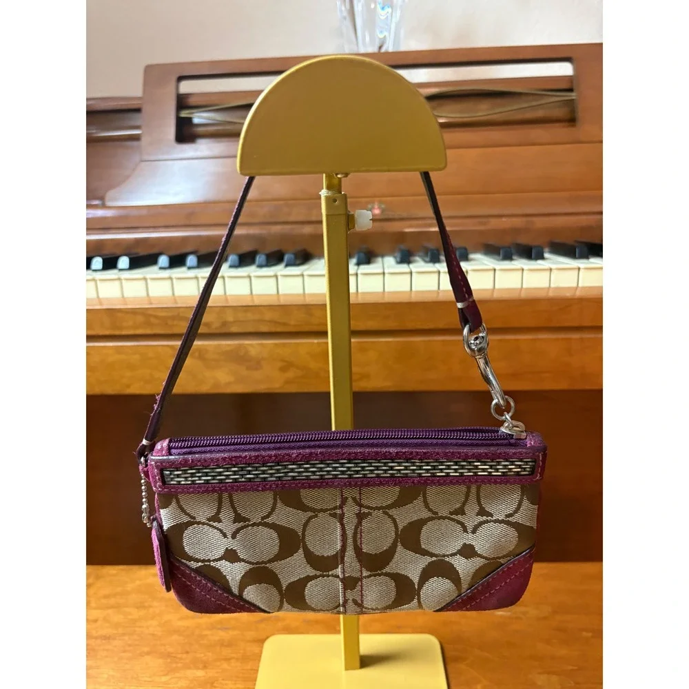 Coach Signature Jacquard Wristlet Purse Khaki Brown Purple Suede‎ Y2K Bag
